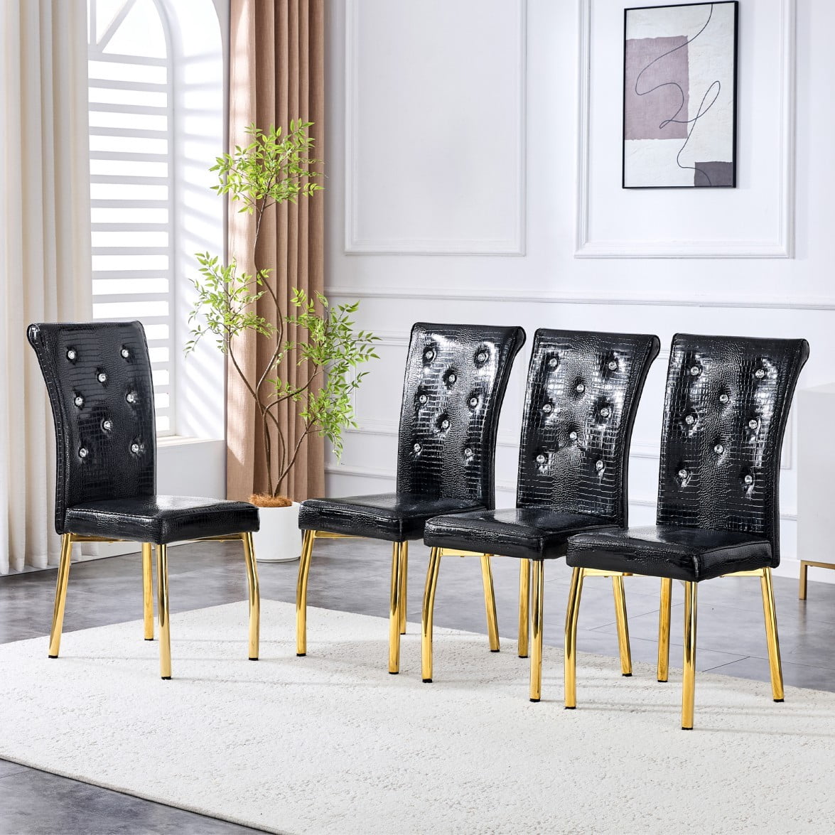 Set of 4 Retro Dining Chairs, Faux Alligator-Textured PVC Leather Upholstered Chairs with Crystal Button Details & Galvanized Metal Legs, 400 LBS, Black & Gold