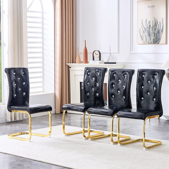 Set of 4,Retro alligator skin Upholstered dining chairs,with Crystal buckle design and Faux Leather design,a touch of elegance and mystery to the dining area,Gold plated metal bow leg