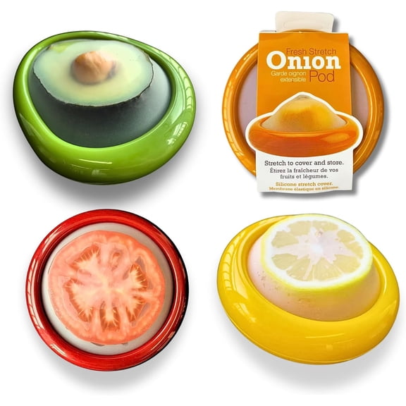 Set of 4 Reusable Avocado Saver and Onion Storage Eco-Friendly Keep Leftovers Fresh Without Plastic Bags. Fruit and Veggie Savers for Avocados, Lemons, Onions, Tomatoes & Salad