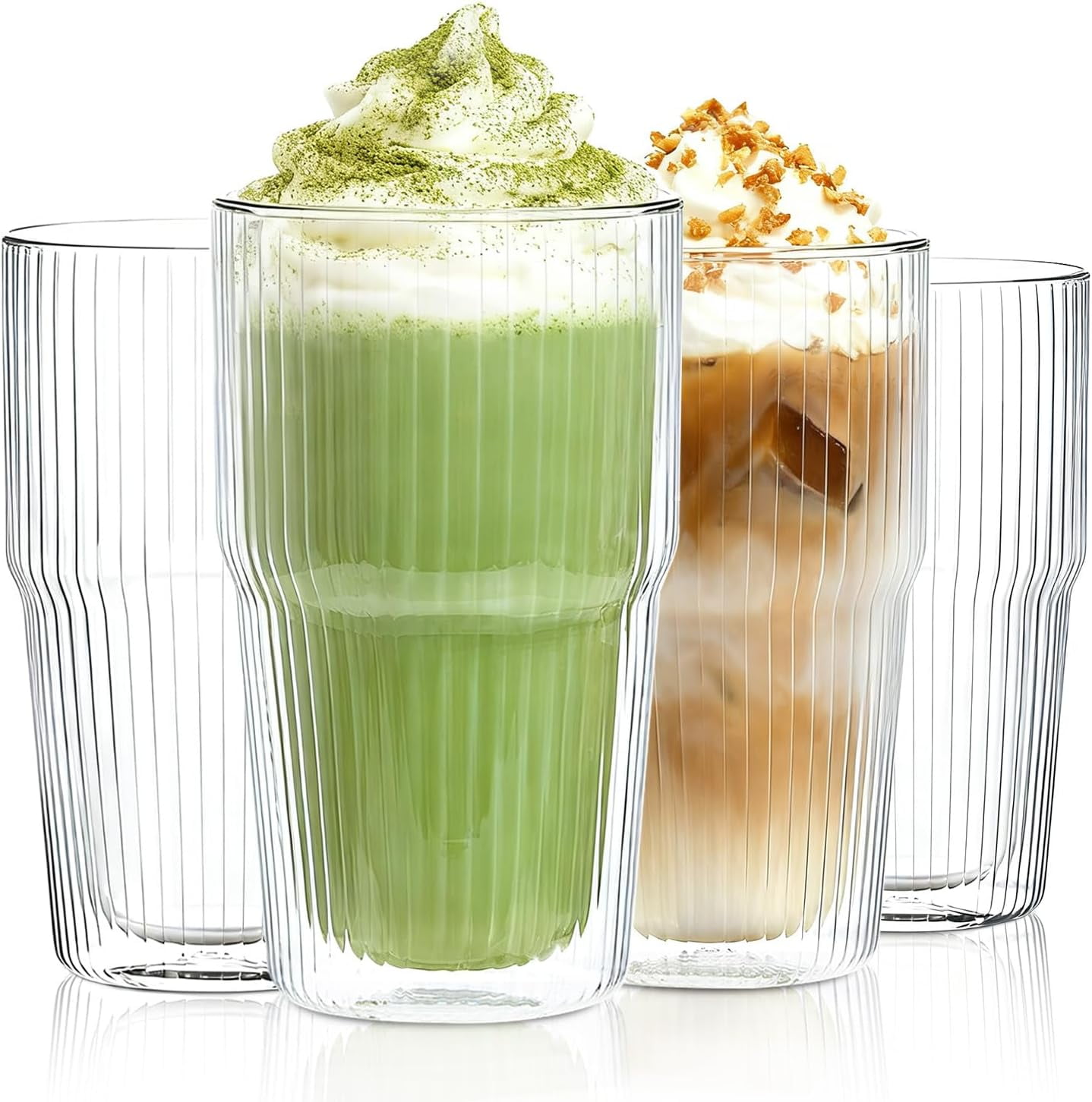 Set of 4 Ribbed Double-Walled Glass Cups, 16 oz / 480 ml Insulated ...