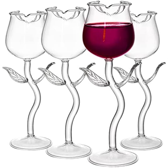 Set of 4 Rose Cocktail Glass, Flower Red Wine Glass, Clear Rose Goblet Glasses, Stem Champagne Flutes Drinkware for Mother's Day Gift, Wedding, Party, Dinner, Birthday$$Home Decor, Kitchen, & Other