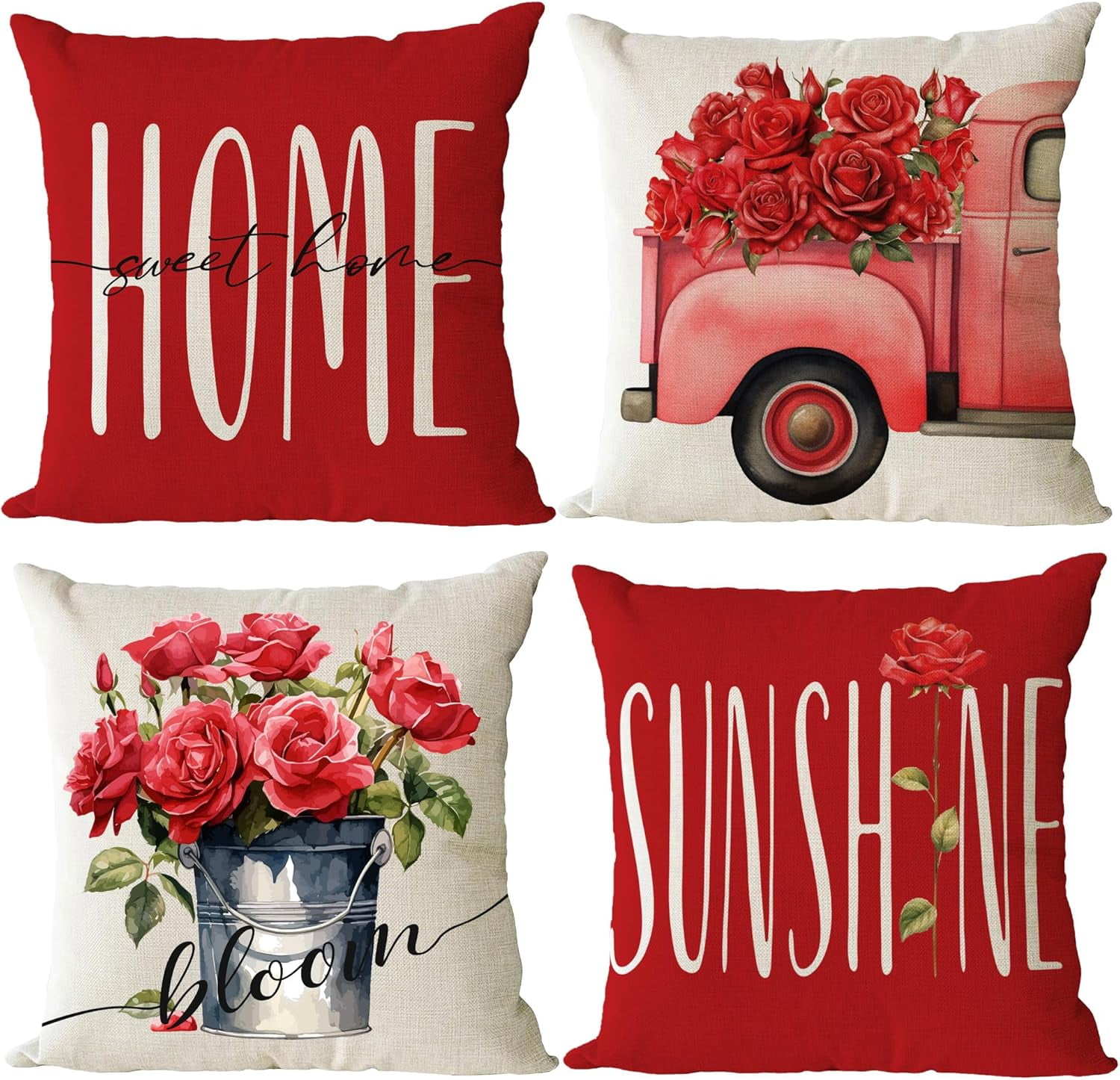 Set of 4 Rose Pillow Covers 18x18 Red Spring Summer Pillow Covers Hello Sunshine Flower Floral Cushion Covers Square Cotton Linen Pillow Cases for Couch Sofa Patio Outdoor Home Decor(18 Inch)