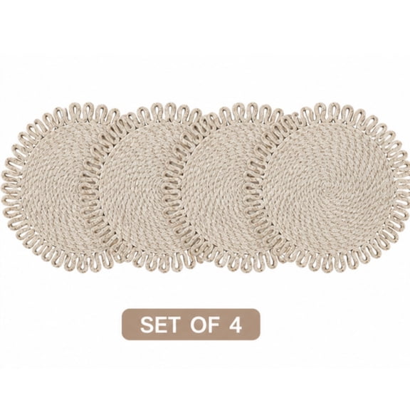 Set of 4 Round Braided Jute Placemats for Dining Table, Beige Woven Heat Resistant Table Mats, Washable Non Slip Place Mats for Kitchen, Coffee Table & Home Decor
