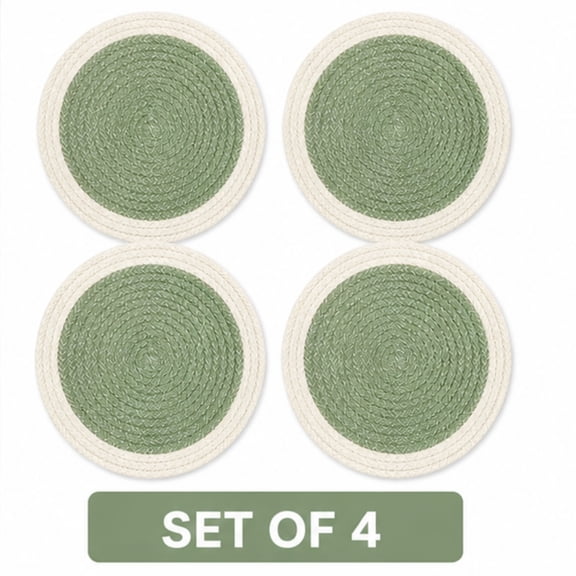 Set of 4 Round Braided Placemats for Dining Table, Green & Beige Woven Heat Resistant Table Mats, Washable Non Slip Place Mats for Kitchen, Coffee Table & Home Decor