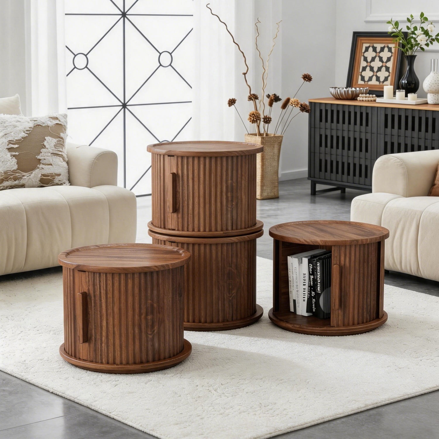 Set of 4 Round Coffee Tables with Sliding Door Storage, Modern Walnut Accent Side Tables, Fluted Roman Column End Tables & Bedside Nightstands for Living Room, Bedroom