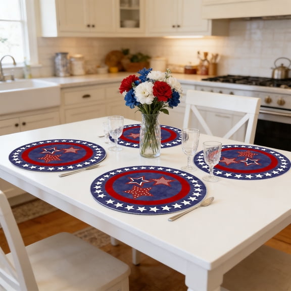 Set of 4 Round Patriotic Placemats 14 Inch, Red White Blue Table Mats, Independence Day Heat Resistant Place Mats, 4th of July Dining Decor, Memorial Day Veterans Day