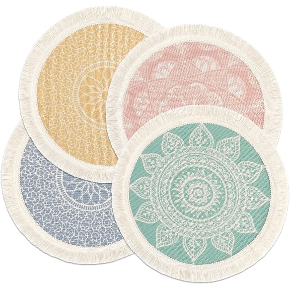 Set of 4 Round Placemats 13 Inch Table Mats Boho Cotton Woven Mandala Tassels Heat Proof Washable Circle Place Mat for Kitchen Dining Wedding Farmhouse Home Decoration