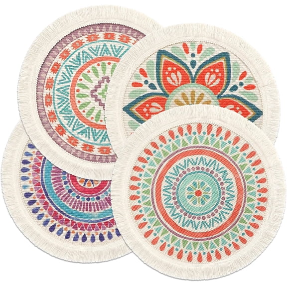 Set of 4 Round Placemats 13 Inch Table Mats Boho Cotton Woven Mandala Tassels Heat Proof Washable Circle Place Mat for Kitchen Dining Wedding Farmhouse Home Decoration