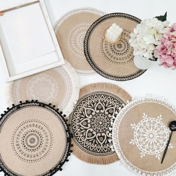 Set of 4 Round Table Mats, 15" Round Burlap Placemats with Tassels, Boho Rustic Burlap Place Mat, Mandala Jute Fringe Table Mats, Farmhouse Dining Tablemats
