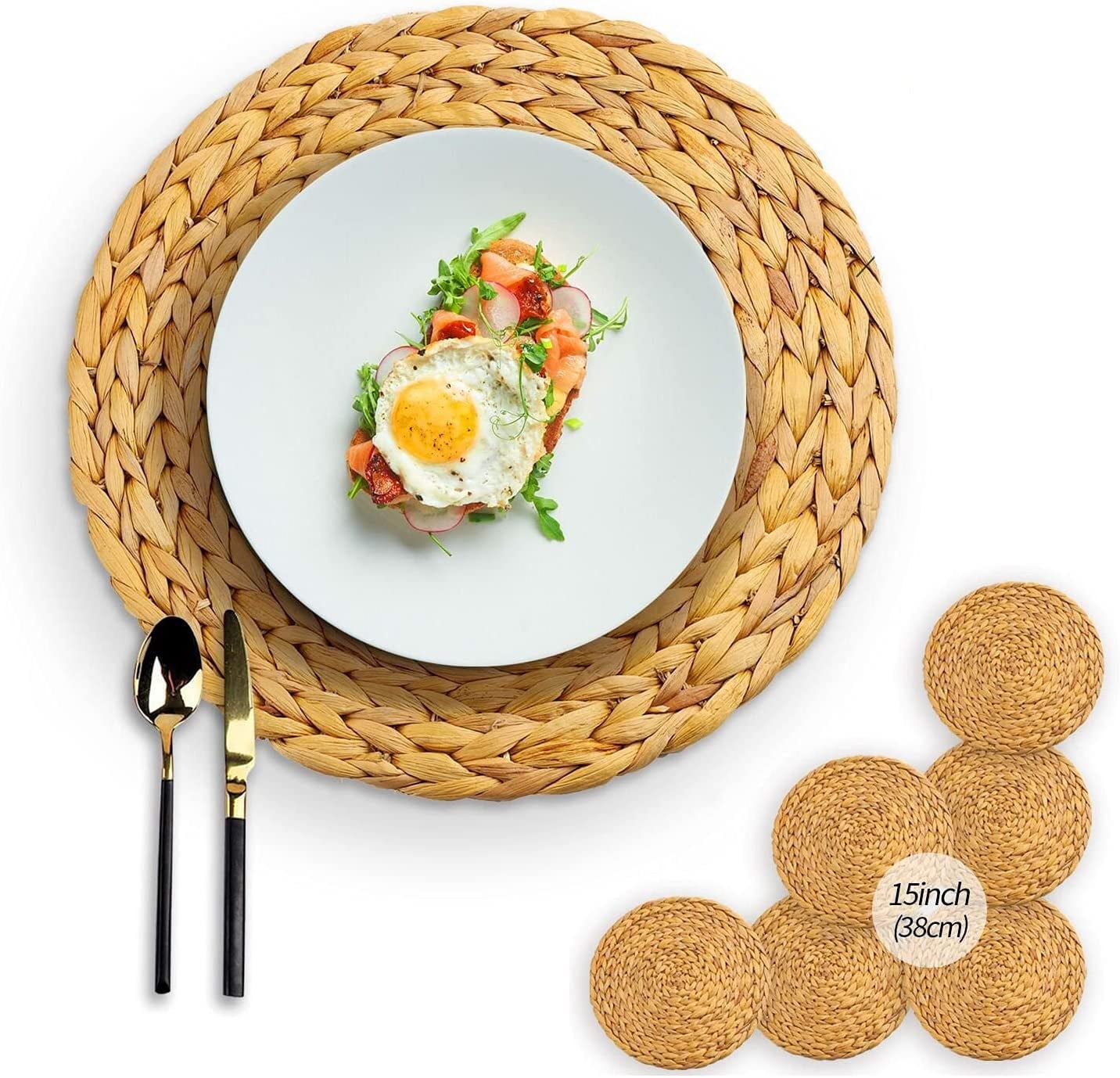 Set of 4 Round Water Hyacinth Placemats, Natural Wicker Placemats Set of 4, Weave Placemats Handmade, Rattan Tablemats for Dining Table (15" Round)
