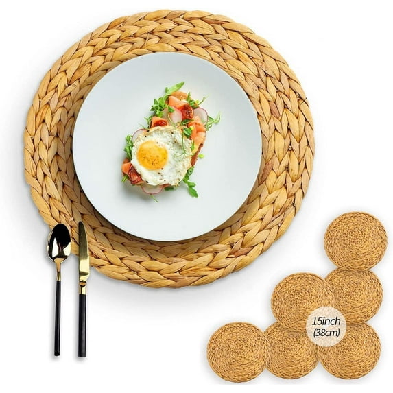 Set of 4 Round Water Hyacinth Placemats, Natural Wicker Placemats Set of 4, Weave Placemats Handmade, Rattan Tablemats for Dining Table (15" Round)