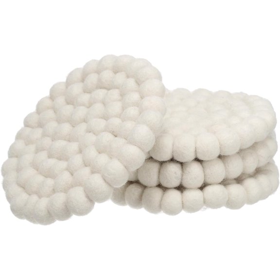 Set of 4 Round Wool Felt Coasters, Absorbent Cute Desk Coaster for Drinks Handmade Felt Table Decor Fun Merino Wool Pads for Bar Home Office Restaurants, White