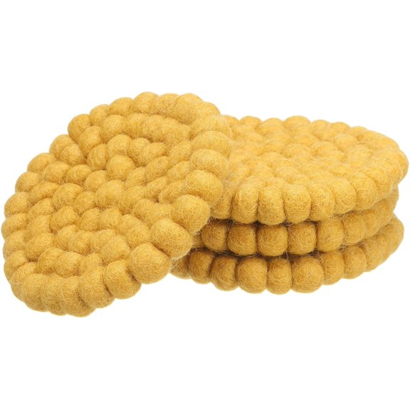 Set of 4 Round Wool Felt Coasters, Absorbent Cute Desk Coaster for Drinks Handmade Felt Table Decor Fun Merino Wool Pads for Bar Home Office Restaurants, Yellow