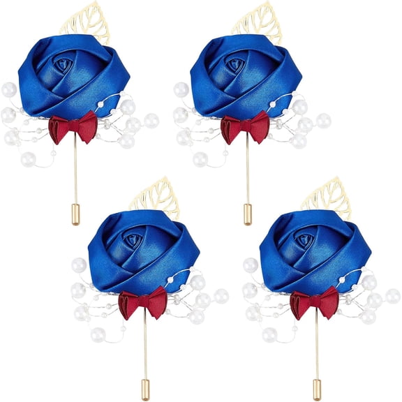 Set of 4 Royal Blue Boutonnieres Groom and Best Man Boutonniere Rose Buttonhole Ribbon Flower Set for DIY Groom Groomsmen Wedding Prom Wedding Decoration Flowers