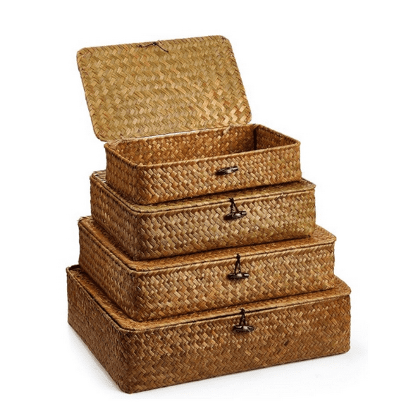 Set of 4 Seagrass Basket with Li Wicker Storage Basket ative Storage Boxes with Lids Flat Storage Bins Woven Organizer Baskets for Shelf Closet Bedroom, 4 Sizes (Brown)