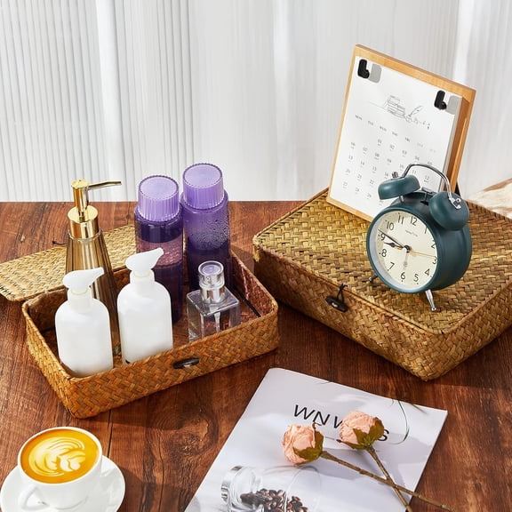 Set of 4 Seagrass Basket with Lid Wicker Storage Basket Decorative Storage Boxes with Lids Flat Storage Bins Woven Organizer Baskets for Shelf Closet Bedroom, 4 Sizes (Brown)