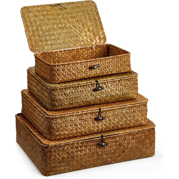 Set of 4 Seagrass Basket with Lid Wicker Storage Basket Decorative Storage Boxes with Lids Flat Storage Bins Woven Organizer Baskets for Shelf Closet Bedroom, 4 Sizes (Brown)