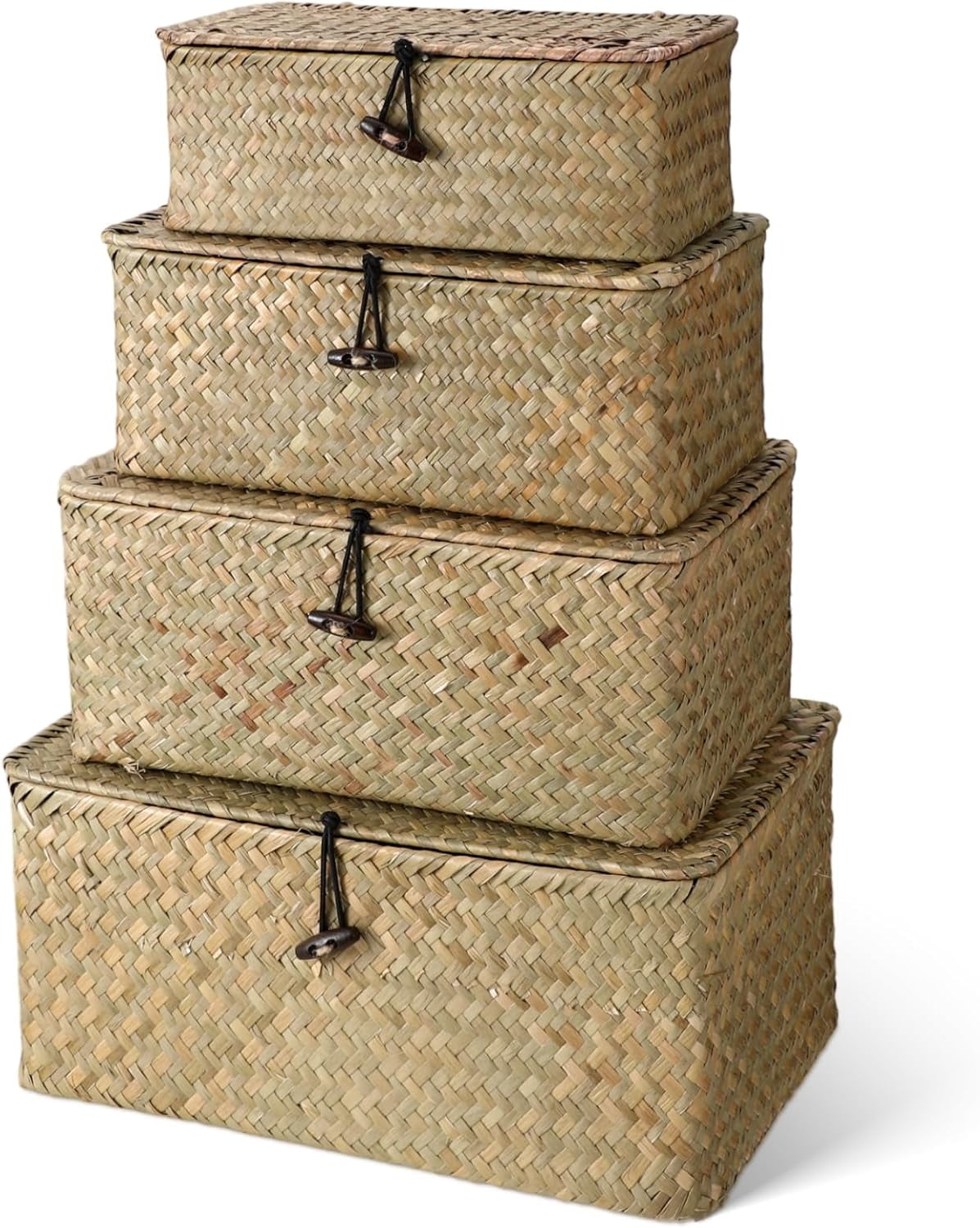 Set of 4 Seagrass Basket with Lids Woven Rattan Wicker Storage Basket ...