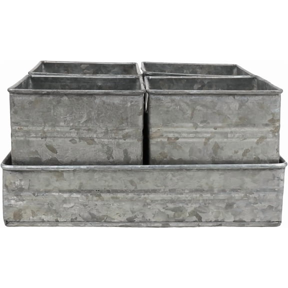 Set of 4 Shabby Chic Small Vintage Vase Farmhouse Flower Planter, Rustic Galvanized Metal Pots with Metal Tray for Kitchen Bathroom Bedroom Table Centerpiece Windowsill Country Indoor Decor