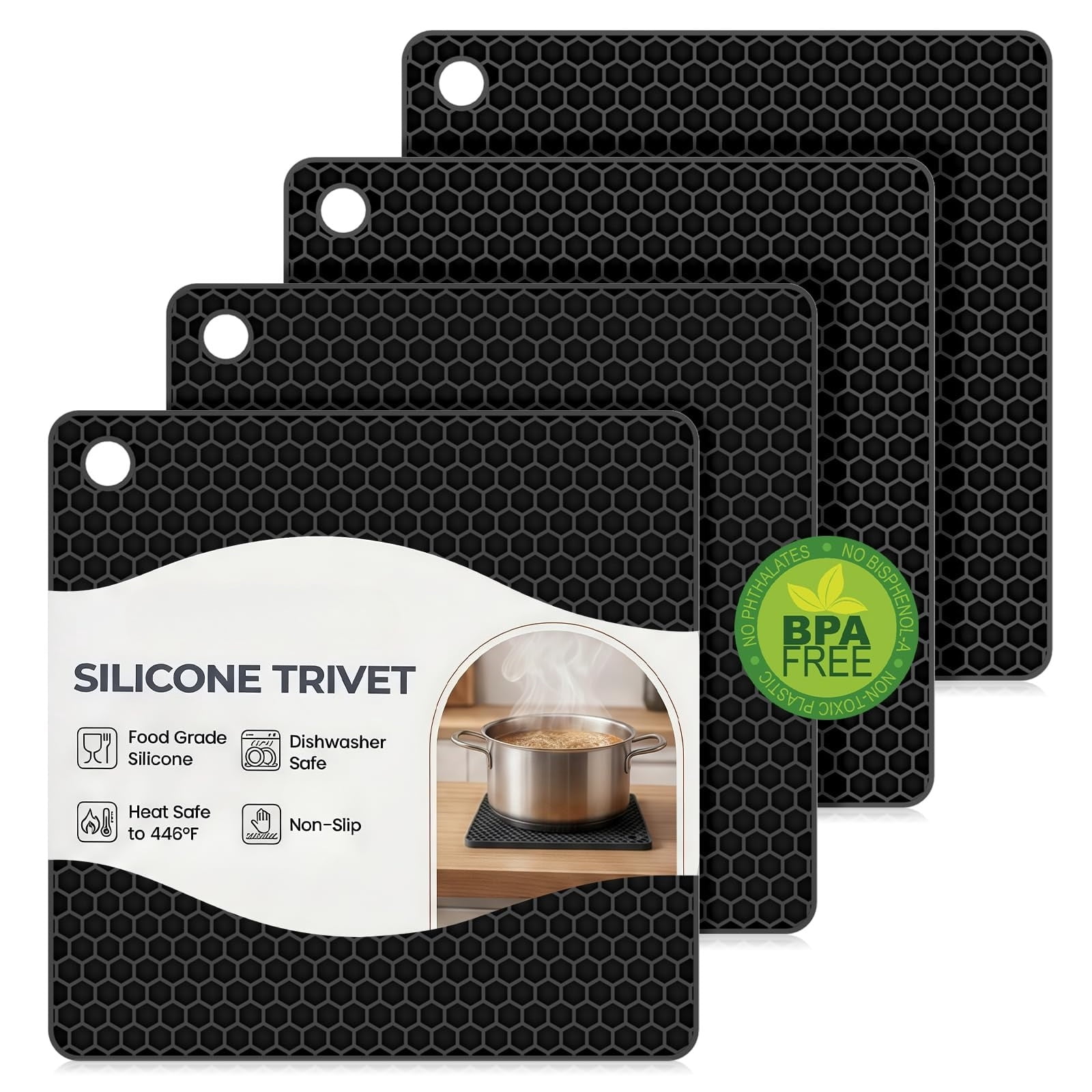 Set of 4 Silicone Trivet Mats for Hot Dishes, Heat Resistant Honeycomb ...