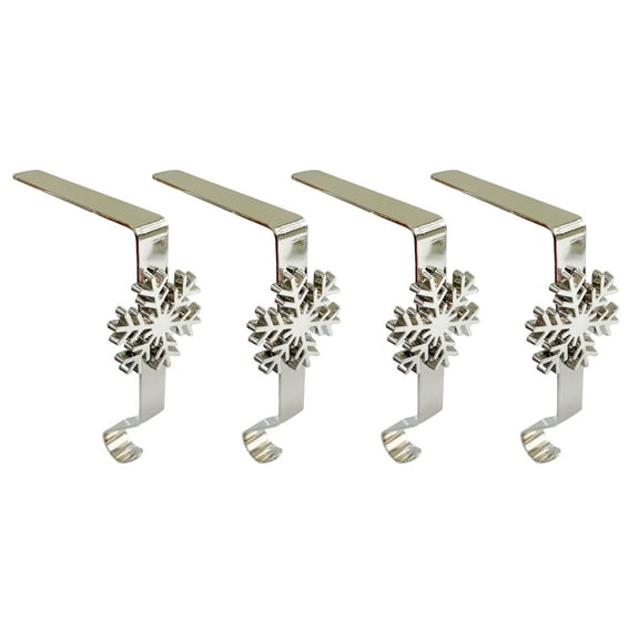 Set of 4 Silver Snowflake Christmas Stocking Holders for Mantel – Heavy Duty Metal Fireplace Hooks for Holiday Decor, Securely Holds Stockings and Ornaments