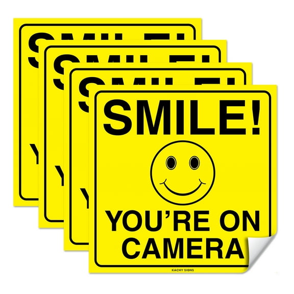 (Set of 4) Smile You're On Camera Sticker - 6" x 6" - Durable Self Adhesive 4 Mil Vinyl - Laminated - Fade & Scratch Resistant - Waterproof - Private Property No Trespassing Security Sign