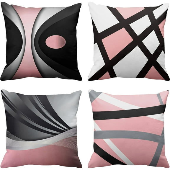 Set of 4 Soft Pink Throw Pillow Covers Modern Abstract Black Grey Stripes Gray White Acrylic Bold Decorative Pillow Cases Home Decor Square 18x18 Inches Pillowcases