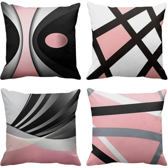 Set of 4 Soft Pink Throw Pillow Covers Modern Abstract Black Grey Stripes Gray White Acrylic Bold Decorative Pillow Cases Home Decor Square 18x18 Inches Pillowcases