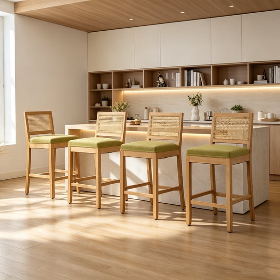 Set of 4 Solid Wood Rattan-Back Bar Stool, Matte Linen Cushion with High-Resilience Foam & S-Springs, Ideal for Rustic/Natural Style Kitchen Island, Low Bar in Dining Room & Café