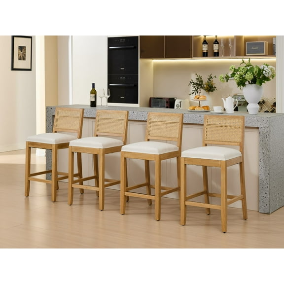 Set of 4 Solid Wood Rattan-Back Bar Stool, Matte Linen Cushion with High-Resilience Foam & S-Springs, Ideal for Rustic/Natural Style Kitchen Island, Low Bar in Dining Room & Café