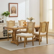 Set of 4 Solid Wood Rattan-Back Dining Chair, French Country Kitchen Dining Room with Linen Cushion, Perfect for Rustic/Natural Style Accent Dining Room