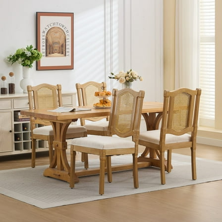Set of 4 Solid Wood Rattan-Back Dining Chair, French Country Kitchen Dining Room with Linen Cushion, Perfect for Rustic/Natural Style Accent Dining Room