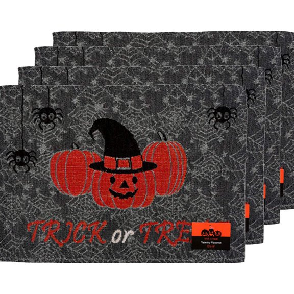 Set of 4, Spooky Jack-o Lantern hanging Spider TRICK or TREAT Tapestry Placemats, Dining Table, Table mat for Dining Room Easy to Clean, Machine Washable Size: 13 x 19.