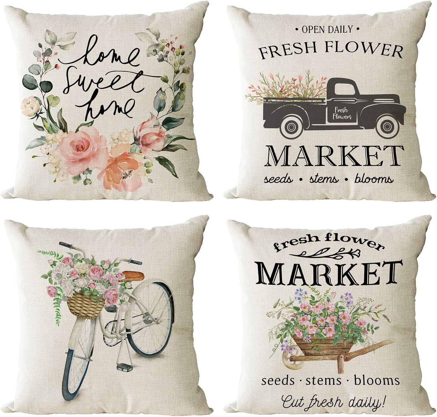 Set of 4 Spring Market Decorative Throw Pillow Covers Farmhouse Floral Square Cotton Linen Cushion Covers Outdoor Couch Sofa Home Truck Bicycle Flower Pillow Cases 16x16 Inch