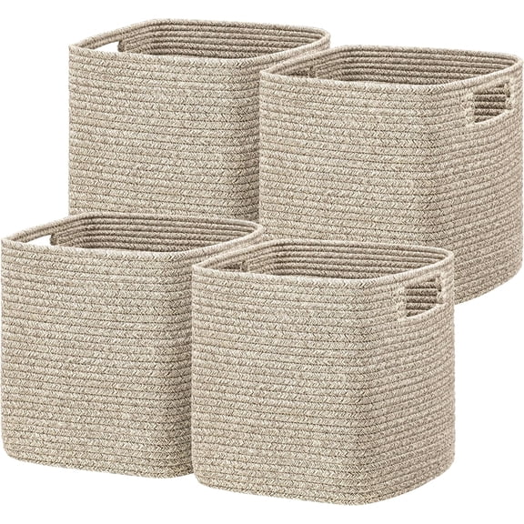 Set of 4 Square Cotton Rope Storage Baskets with Soft Side Handles, Foldable 13x13x13 Inch Woven Cube Organizer Bins for Nursery Toy Book Closet Shelf Mix Brown