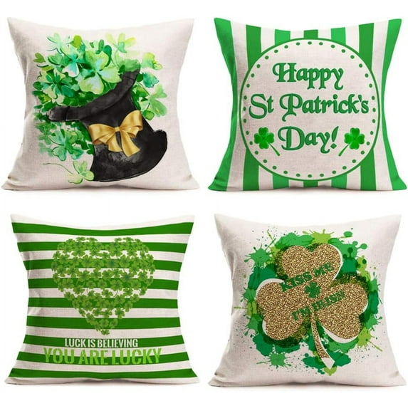 Set of 4 St Patrick''s Day Pillow Covers Green Clover Black Cap Decorative Pillows Cover Happy St Patrick''s Day Lettering Pillow Case Cotton Linen Cushion Cover for Couch 18"x18" (SPLT Set 4)