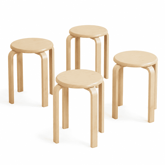 Set of 4 Stackable Bentwood Stools 18 Round Nesting Backless Chairs, Wooden School & Kitchen Seating, Space Saving Stools with Anti-Slip Felt Pads, Natural Finish