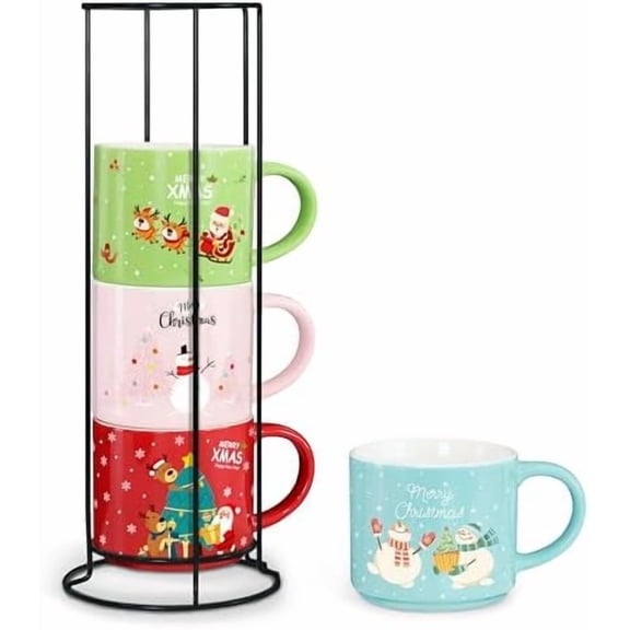 Set of 4 Stackable Christmas Mugs, 15.8 Oz Coffee Mug With Stand, Holiday Hot Cocoa Mugs for Mom Family Colleagues Friend & Farmhouse Cocoa Tray Decor$$Home Decor, Kitchen, & Other