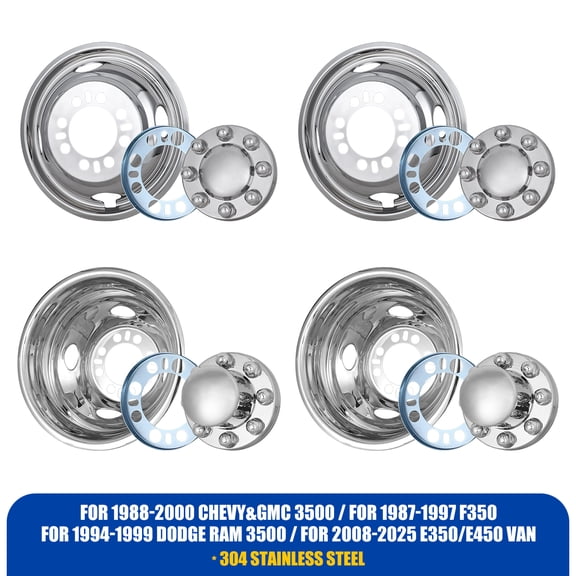 Set of 4 Stainless Steel 16" Dually Wheel Simulators, 8 Lugs 4 Hand Holes Bolt-On for Chevy/GMC/Ford/Dodge 3500 & Ford E-Series Vans (Only for Dual Steel Wheels)