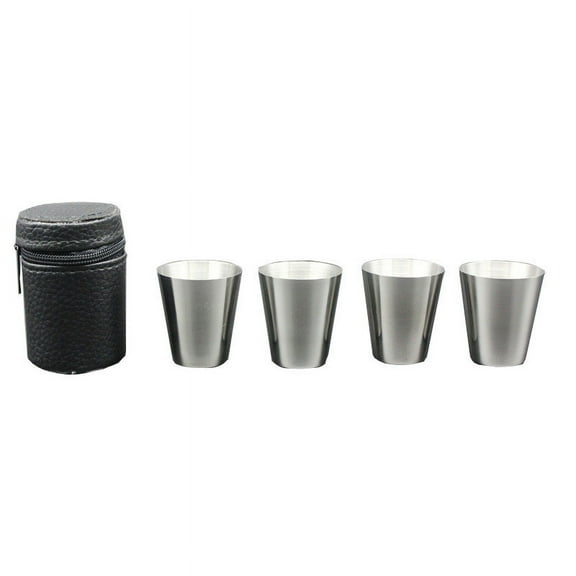 Set of 4 Stainless Steel 30ml Shot Glasses | Thick Outdoor Portable Whiskey & Liquor Cups | Includes Black Leather Carrying Case for Camping & Parties