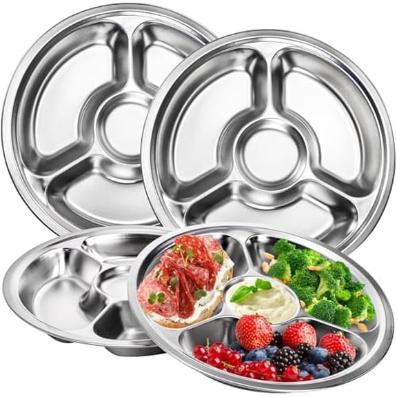 Set of 4 Stainless Steel Divided Plates, Portion Control Plates with 4 Sections, Round Serving Platter, Cafeteria Mess Tray, Camping Dishes, 10 inches