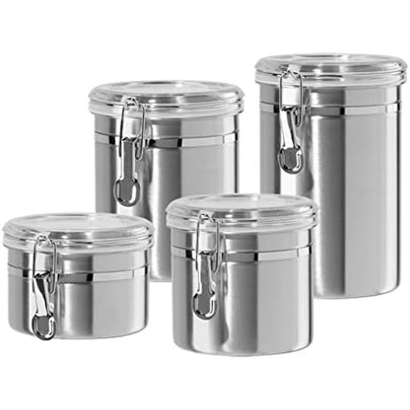 Set of 4 Stainless Steel Kitchen Canisters - Airtight Clamp Lid, Clear See-Thru Top - Ideal for Kitchen Storage, Food Storage, Pantry Storage - Includes 1 each: 26oz, 36oz, 47oz, 62oz.