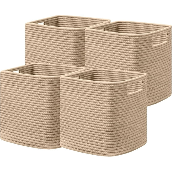 Set of 4 Storage Basket-11 X 10.5 X 10.5 In, Cotton Rope Basket for Shelves, Toys, Book, Cube Storage Bins with Handles, Woven Storage Baskets for Organizing, Brown