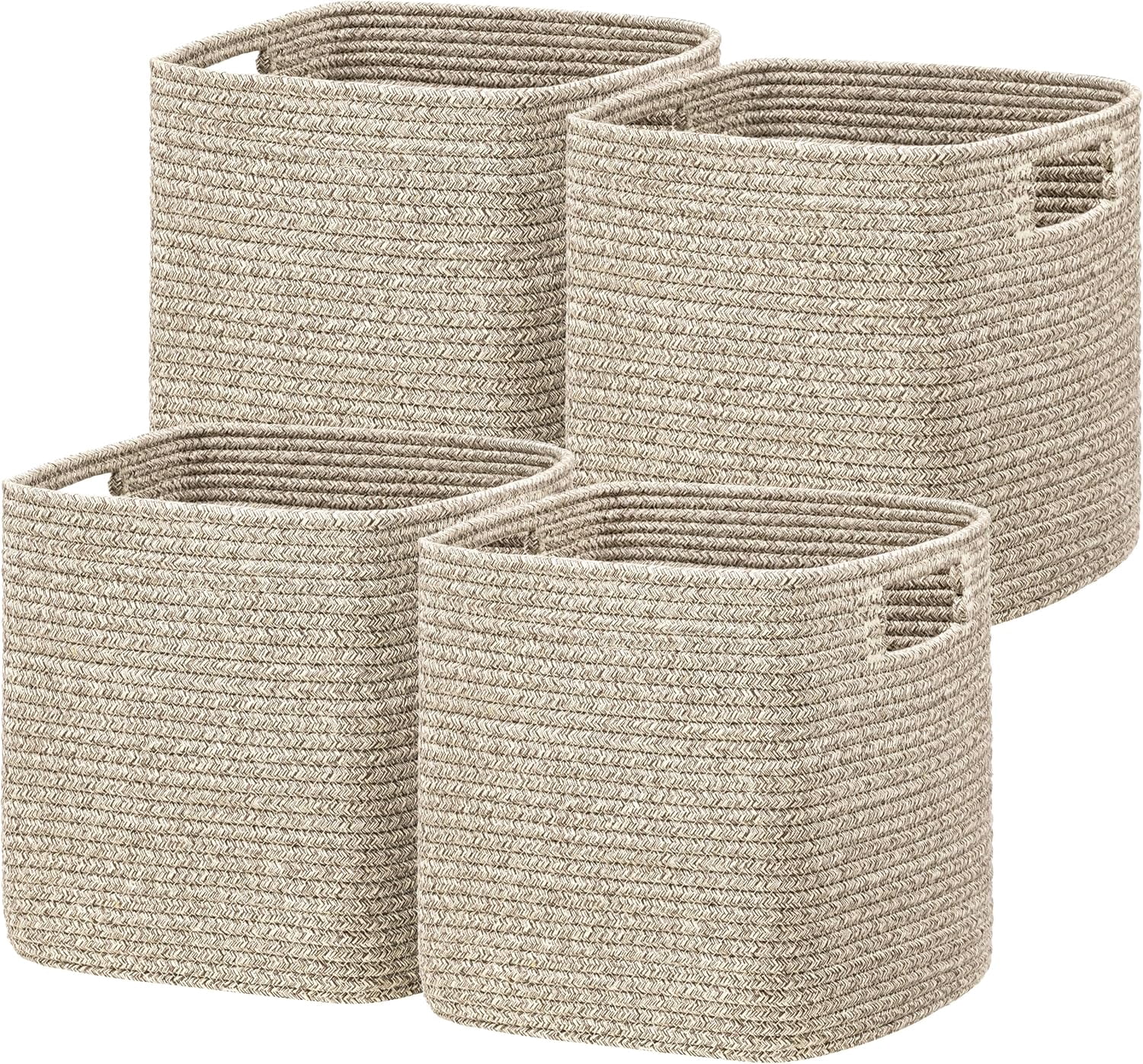 Set of 4 Storage Basket-12 X 12 X 12 in, Cotton Rope Basket for Shelves, Toys, Book, Cube Storage Bins with Handles, Woven Storage Baskets for Organizing, Mix-Brown