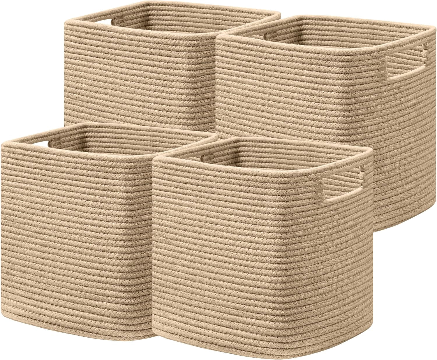 Set of 4 Storage Basket-13 X 13 X 13 In, Cotton Rope Basket for Shelves, Toys, Book, Cube Storage Bins with Handles, Woven Storage Basket for Organizing, Brown