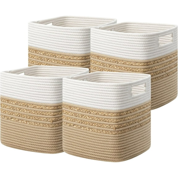 Set of 4 Storage Cubes 11 X 10.5 X 10.5 in, Water Hyacinth Storage Bins for Shelves, Book, Storage Baskets with Handles, Cotton Rope Woven Baskets for Organizing, Brown