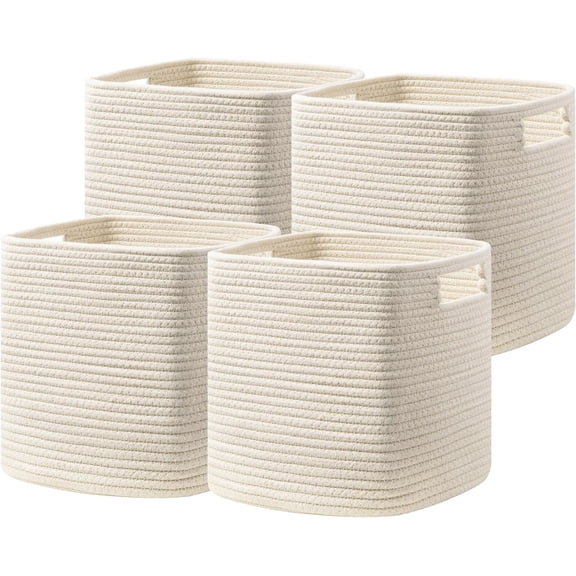 Set of 4 Storage Cubes-13 X 13 X 13 In, Cotton Rope Basket for Shelves, Toys, Book, Cube Storage Bin with Handles, Woven Storage Basket for Organizing, Beige