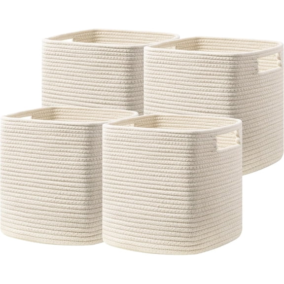 Set of 4 Storage Cubes-13 X 13 X 13 In, Cotton Rope Basket for Shelves, Toys, Book, Cube Storage Bin with Handles, Woven Storage Basket for Organizing, Beige