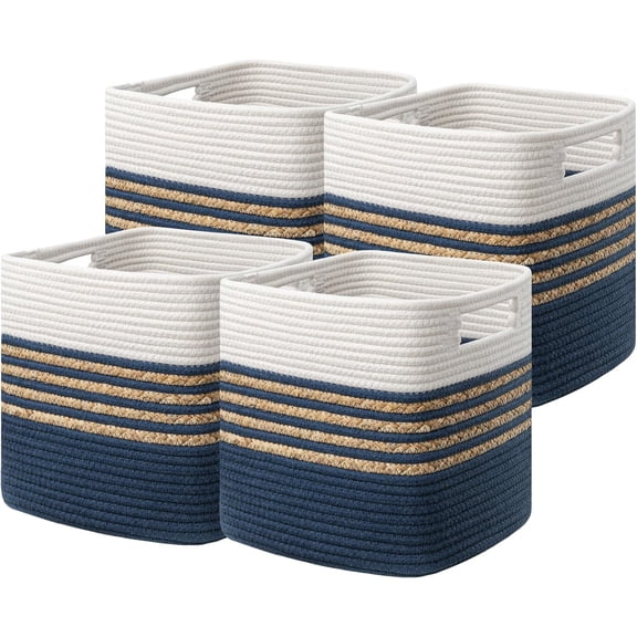 Set of 4 Storage Cubes 13 X 13 X 13 in, Water Hyacinth Storage Bins for Shelves, Book, Storage Baskets with Handles, Cotton Rope Woven Baskets for Organizing, Navy Blue