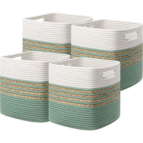Set of 4 Storage Cubes 13 X 13 X 13 in, Water Hyacinth Storage Bins for Shelves, Toys, Book, Storage Baskets with Handles, Cotton Rope Woven Baskets for Organizing, Green
